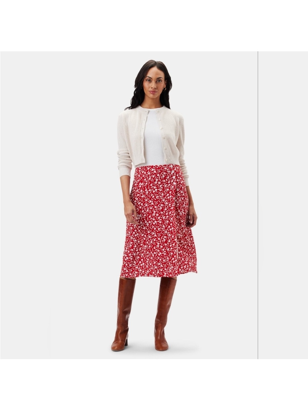 Amour Vert Gabrielle Wrap Midi Skirt Floral Red button detail Sustainable S